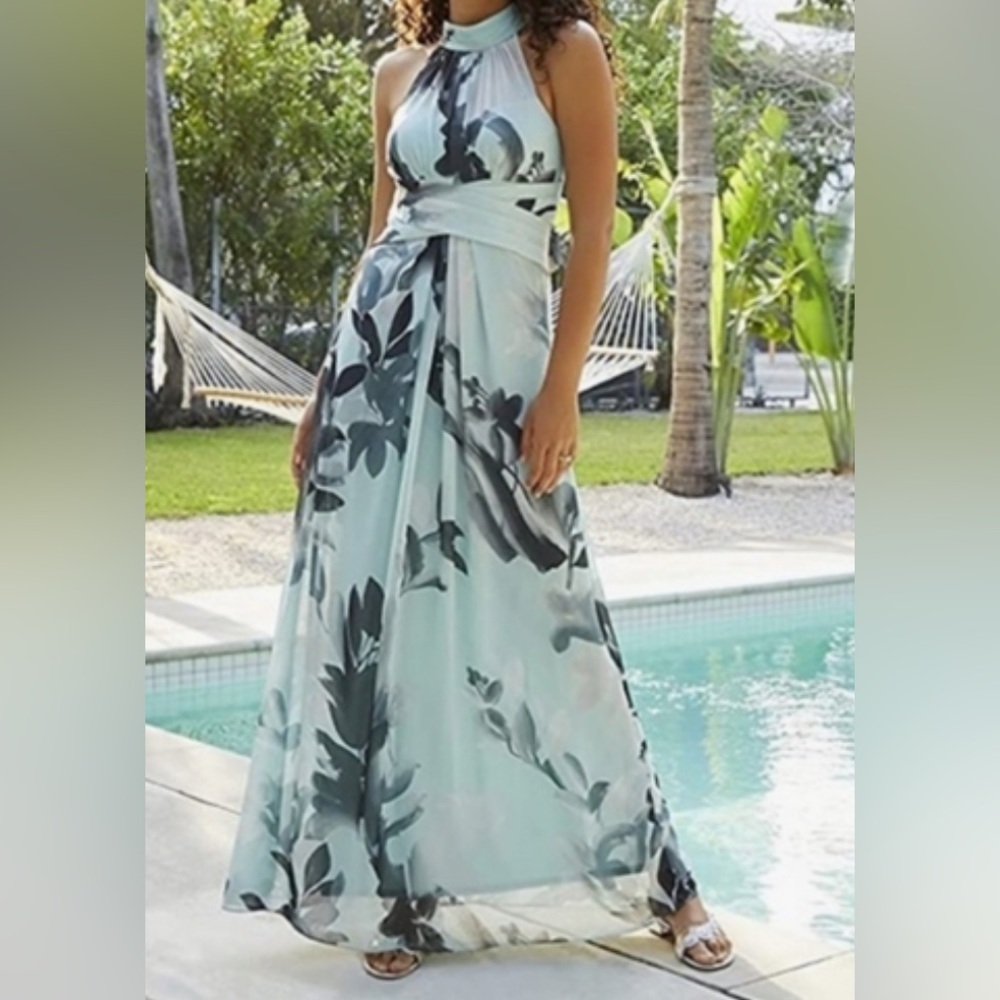 Adrianna Papell Mint Printed Chiffon Halter Gown Maxi